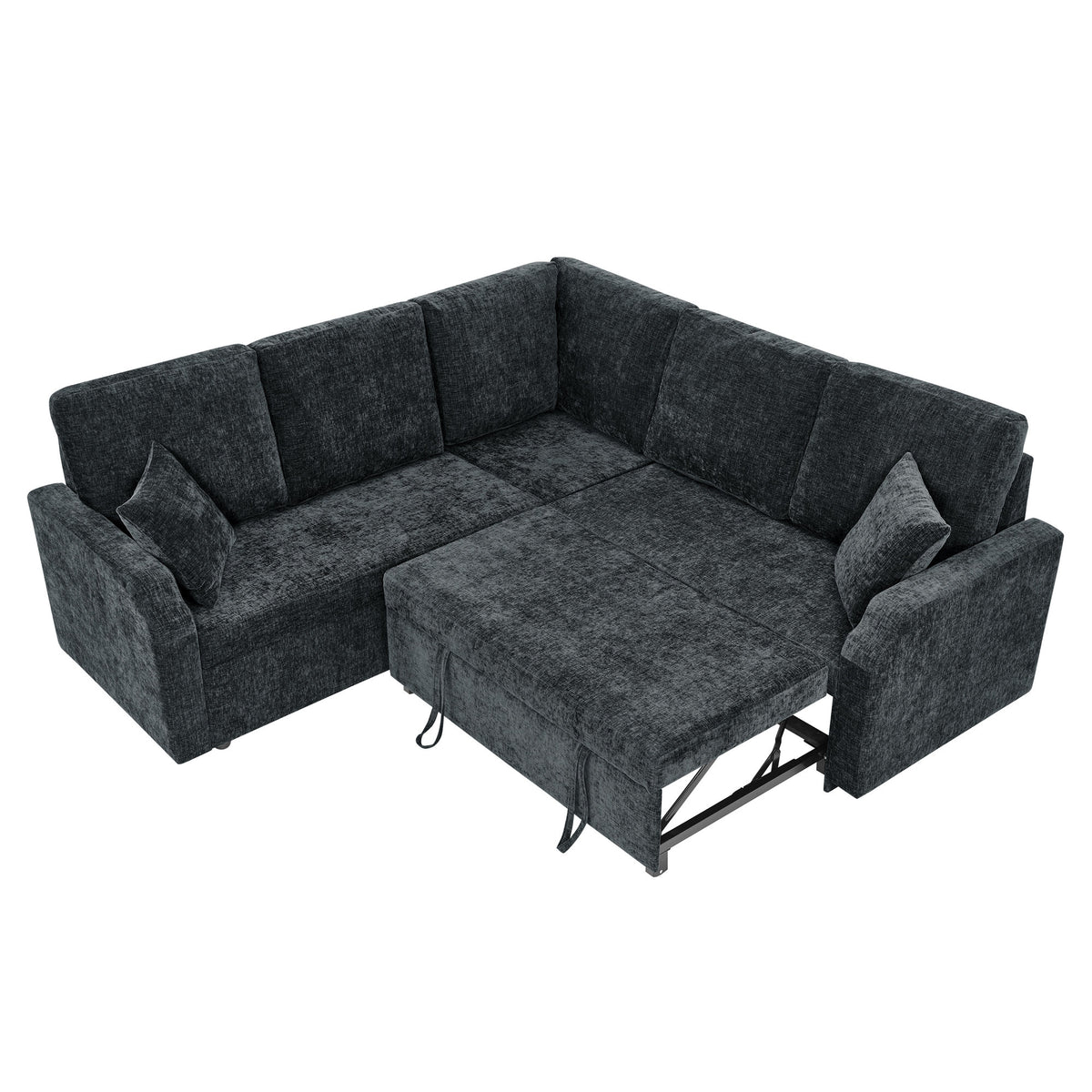 81.2'' Modular Sectional Sofa with Pull Out Bed, 5-Seater L Shaped Sectional Sleeper Couch with Hidden Storage, Chenille Convertible Couches for Living Room, Apartment (Black)