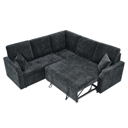 81.2'' Modular Sectional Sofa with Pull Out Bed, 5-Seater L Shaped Sectional Sleeper Couch with Hidden Storage, Chenille Convertible Couches for Living Room, Apartment (Black)