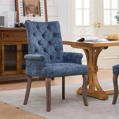 Upholstered Chenille Fabric Accent Dining Chair, Curved Solid Wood Legs, Elegant Tufted Club Dining Room Kitchen Room Arm Dining Chair – Blue