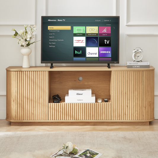 64-Inch Wavy TV Stand, Rounded Sideboard, Storage Cabinet, Wooden Vertical Stripe Cabinet for Living Room/Bedroom/Entryway. Natural,64''W x 15''D x 24''H.