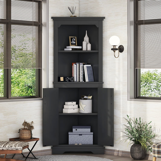 Tall Corner Cabinet with Doors, Dining Room or Kitchen, Black