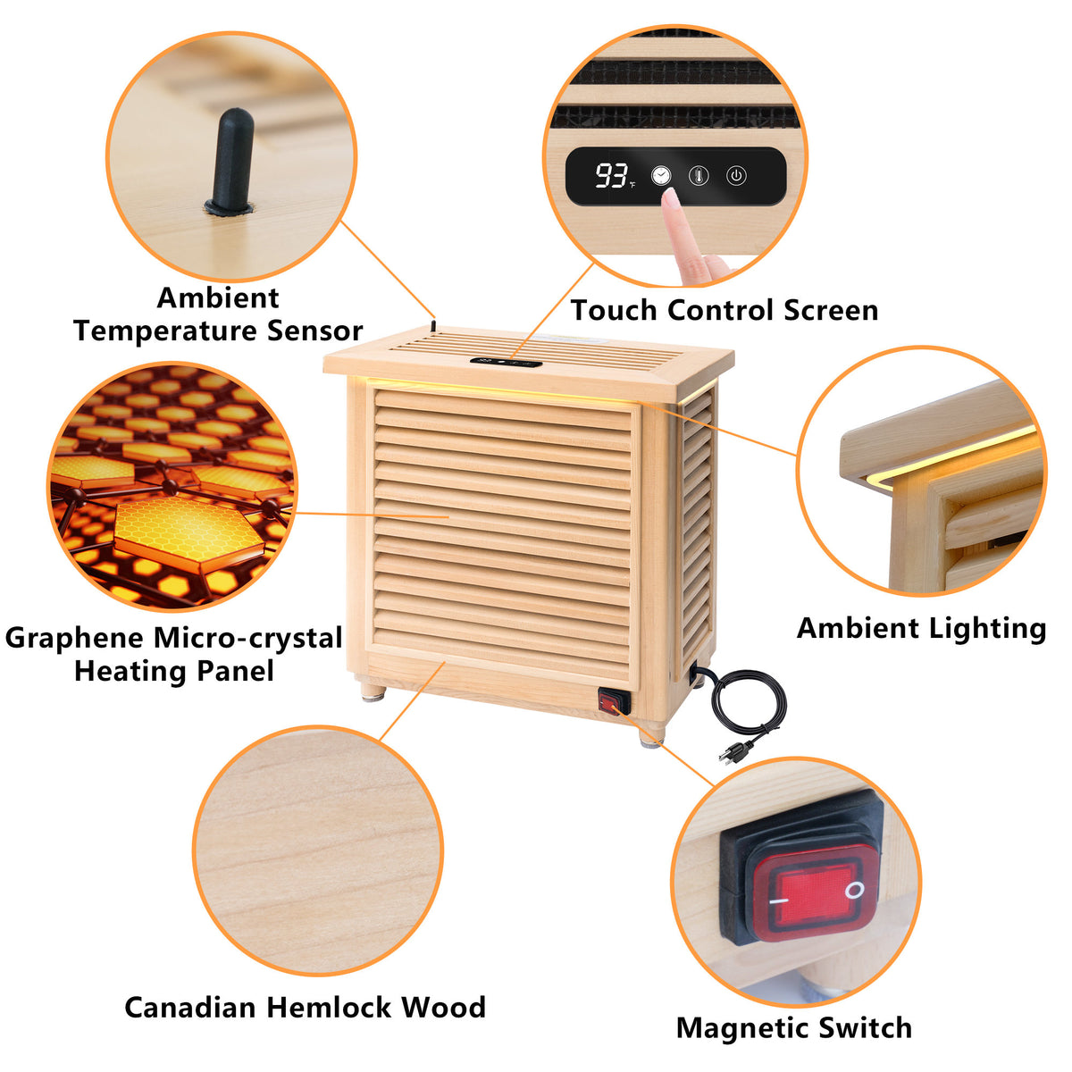 1500W Far-Infrared Sauna Heater with Plug, 110-120V Graphene Sauna Heating System with Touch & WiFi Control, for 35-105 cu.ft Dry Sauna Rooms, Hemlock Wood Shell