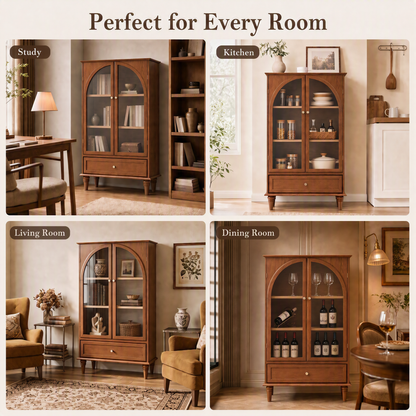 Vintage Farmhouse Arched Glass Accent Cabinet, MDF Real Wood Veneer Display Storage Cabinet with Solid Wood Legs, Adjustable Shelves & Drawer, Antique Glaze Finish