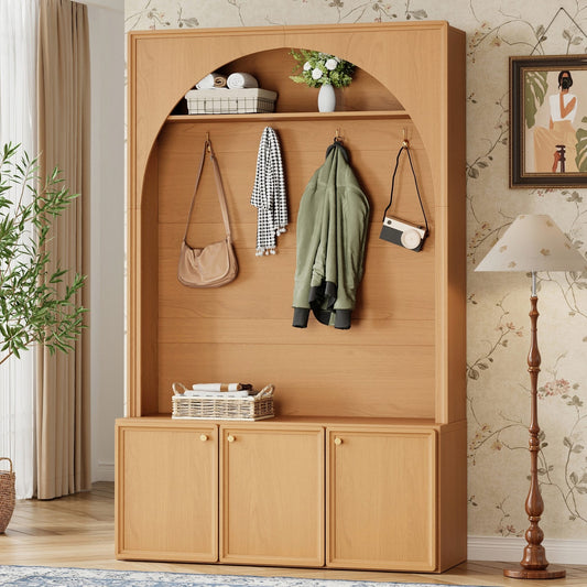 ON-TREND Farmhouse All-in-One Hall Tree with Adjustable Shelves, Retro Arched Entryway Storage Bench with 3 Cabinets – Natural