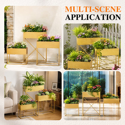 3‑Pack Pre‑Assembled Gold Metal Elevated Planter Stand with Non‑Woven Liner, UV‑Resistant Rectangular Raised Herb Flower Planter Box for Patio Balcony Indoor Outdoor
