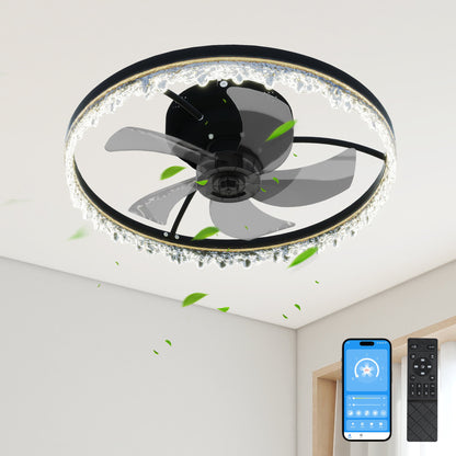 Smart Flush Mount Ceiling Fan with Light - 20-inch Integrated LED Chandelier with 5 Invisible Blades, Remote Control & Timer