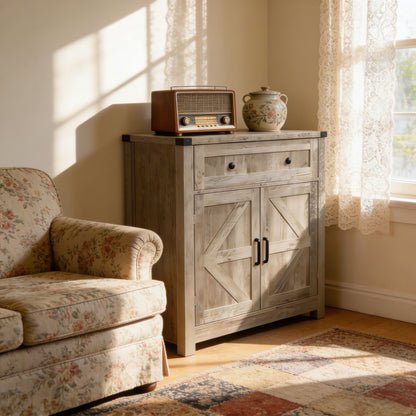 Light Gray-Washed Wood Farmhouse Barn-Door Storage Cabinet, Coffee Bar Buffet Sideboard with Drawer