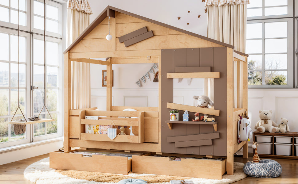 Twin Size Farmhouse Spliced House Bed with Window Shelf & Side Hooks, Playhouse Bed Frame with Underbed Storage Drawers and LED,Light Natural