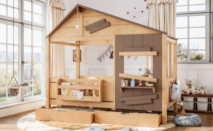 Twin Size Farmhouse Spliced House Bed with Window Shelf & Side Hooks, Playhouse Bed Frame with Underbed Storage Drawers and LED,Light Natural