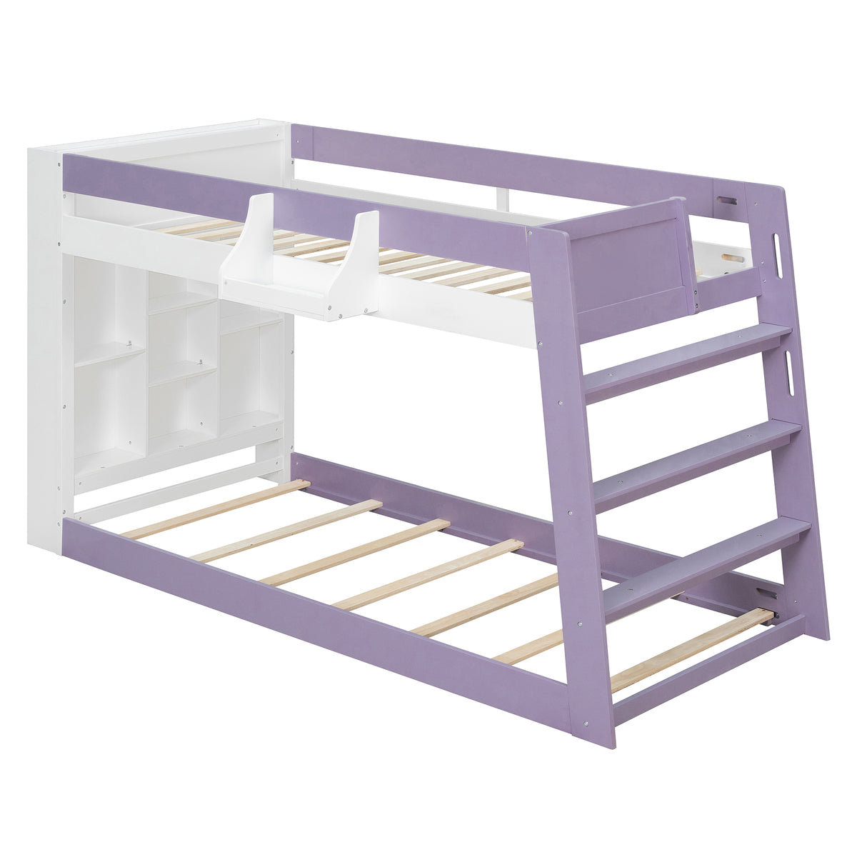 Twin Over Twin XL Bunk Bed with Storage Shelves & Guardrail Storage Basket, White+Light Purple