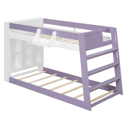 Twin Over Twin XL Bunk Bed with Storage Shelves & Guardrail Storage Basket, White+Light Purple