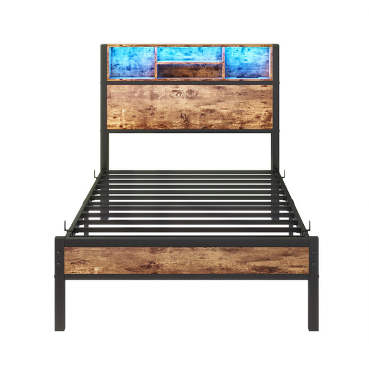 Modern Twin Size Metal Platform Bed Frame with Storage Headboard and Charging Station, Brown
