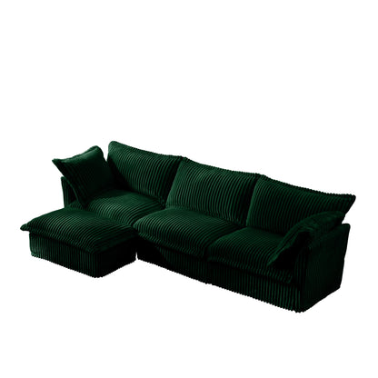 L-Shaped Slipcovered Sectional Sofa Couch, Comfy Deep Seat Cloud Couch with Convertible Ottoman & 2 Big Pillows, Modern Oversized 3 Seater Slipcovered Sofa Set for Living Room Office, Green Corduroy