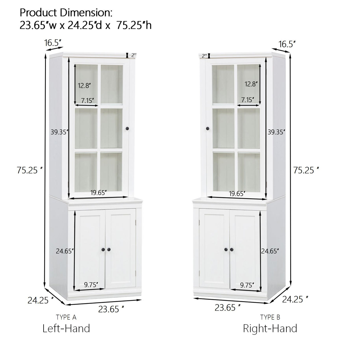 75.25'' Tall Freestanding Pantry Cabinet with Glass Door & Lattice Window, Farmhouse Display Cabinets with Storage, Hutch with Double-Action LH&RH Door, for Hallways, Livingroom Kitchen & Office,White