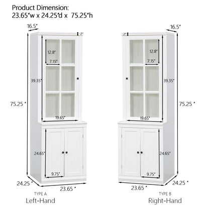 75.25'' Tall Freestanding Pantry Cabinet with Glass Door & Lattice Window, Farmhouse Display Cabinets with Storage, Hutch with Double-Action LH&RH Door, for Hallways, Livingroom Kitchen & Office,White