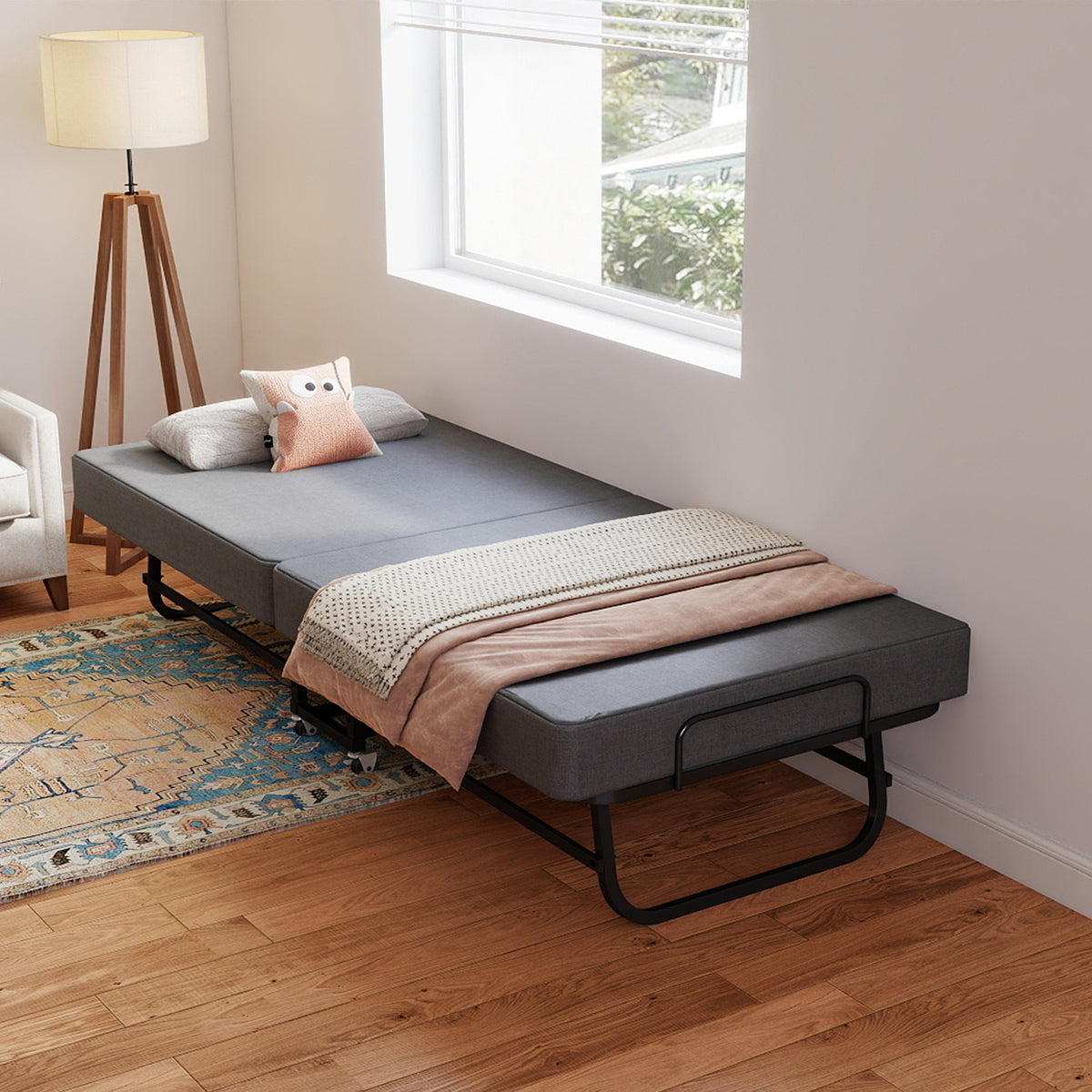 75" Folding Bed with Memory Foam Mattress, 4 Lockable Wheels Portable & Space Saving, Reinforced Steel Frame Quietly Supports 450 lbs, Folds Upright – Essential for Small Apartments & Guest Rooms