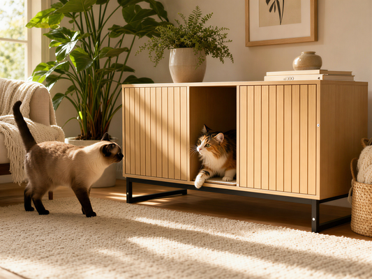 Modern Wooden Cat House with Scratching Mat - 47.64' x 21.46' x 25.98', 76.4 lbs