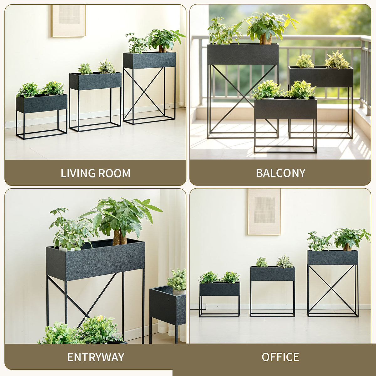 3‑Pack Pre‑Assembled Metal Raised Garden Bed Planter Stand with Non‑Woven Liner, UV‑Resistant Coated Elevated Flower Herb Planter Box, Modern Rectangular Plant Holder for Patio Balcony Backyard Indoor