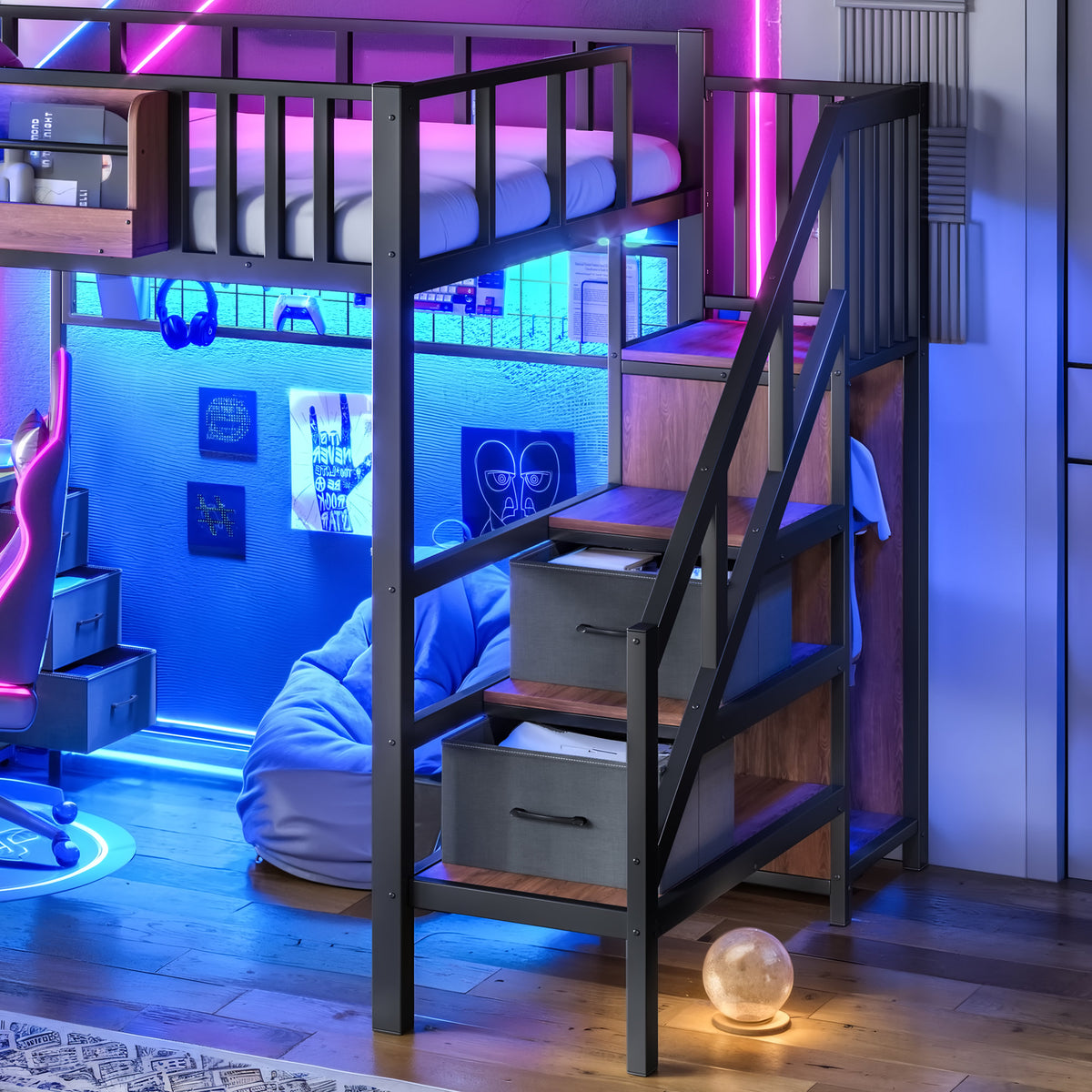 Full Size Loft bed with desk, Heavy Duty save space Loft Bed with Drawers & Storage Stair, All-in-One Metal Frame Multi-Functional Loft Bed for Teens Adults, Black