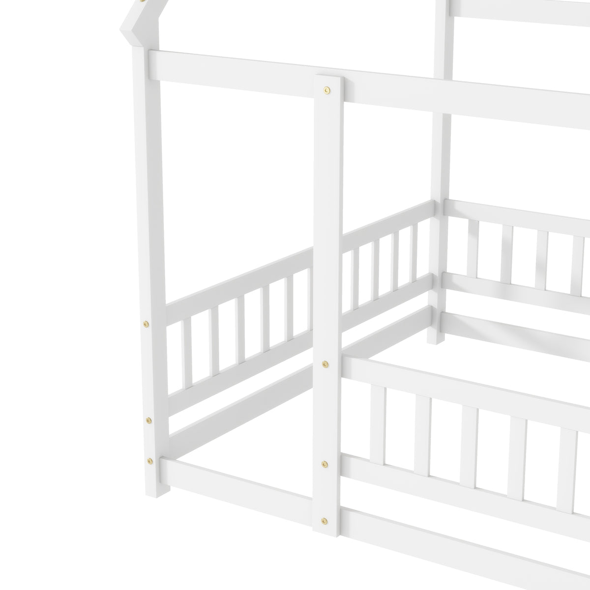 Full Size House Floor Wooden Bed with Roof Frame, Safety Guardrails,Whtie