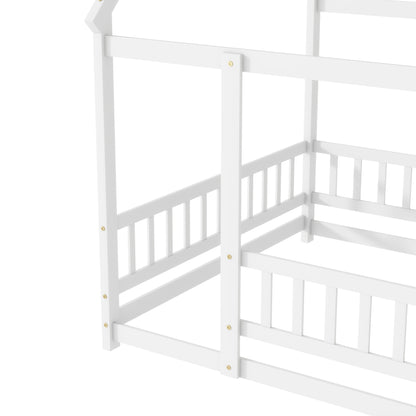 Full Size House Floor Wooden Bed with Roof Frame, Safety Guardrails,Whtie