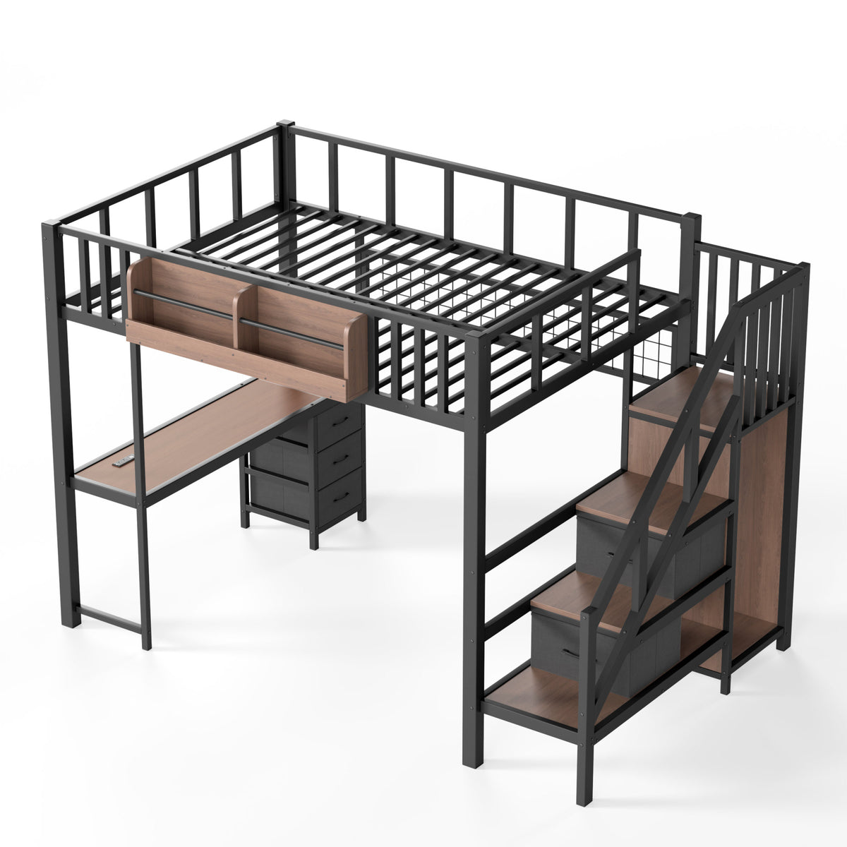 Full Size Loft bed with desk, Heavy Duty save space Loft Bed with Drawers & Storage Stair, All-in-One Metal Frame Multi-Functional Loft Bed for Teens Adults, Black