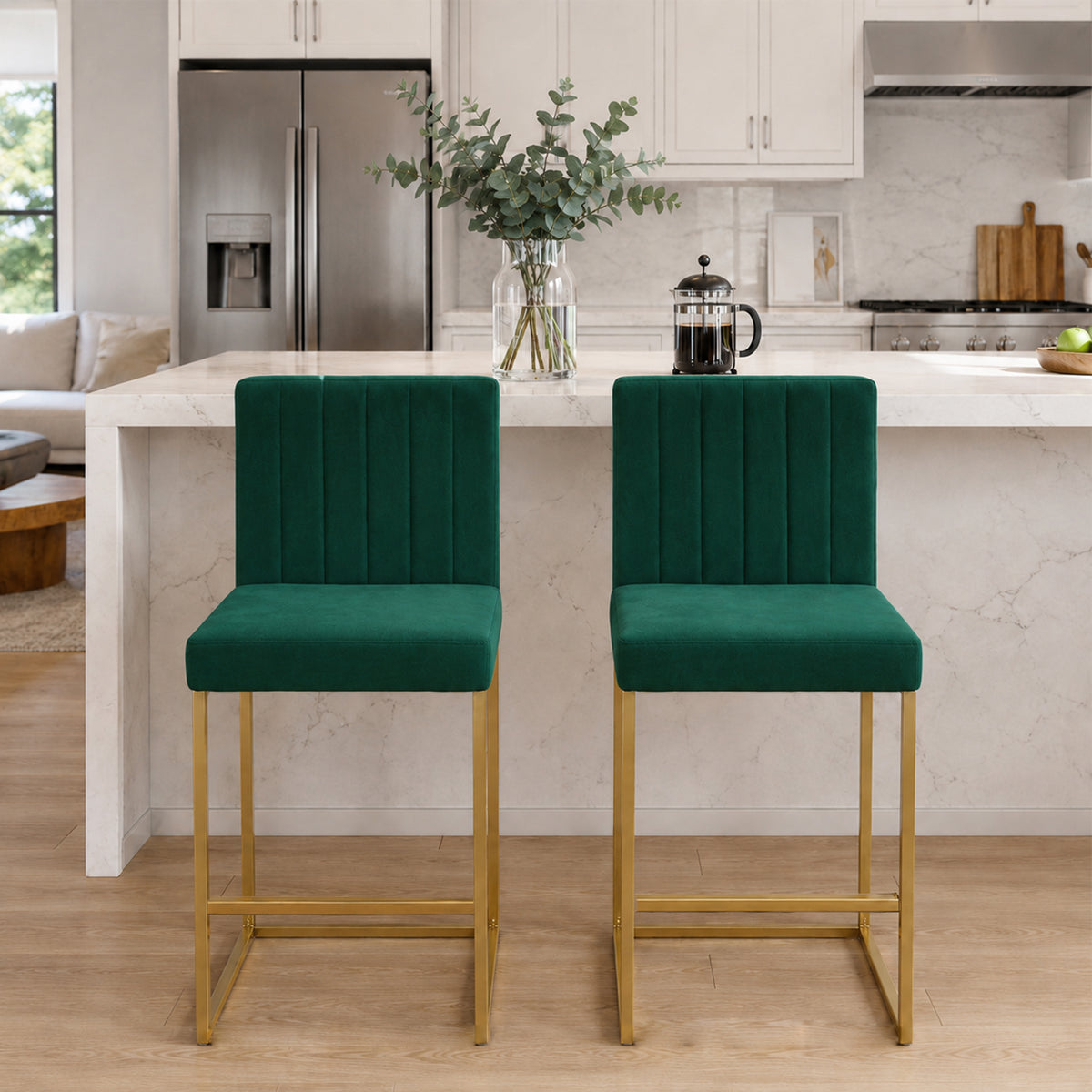 25.6 Inch Counter Height Bar Stools Set of 2 with Velvet Cushion and Back Modern Bar Chairs for Kitchen Island Counter with Metal Leg for Restaurant Dining Room Office, Green and Gold