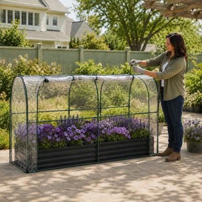 Raised Garden Bed with PVC Mini Greenhouse Cover, 70.87×35.43 Inch Galvanized Metal Planter Box with Clear Plant Protection Tent, Outdoor Cold Frame for Vegetables Seedlings, Black