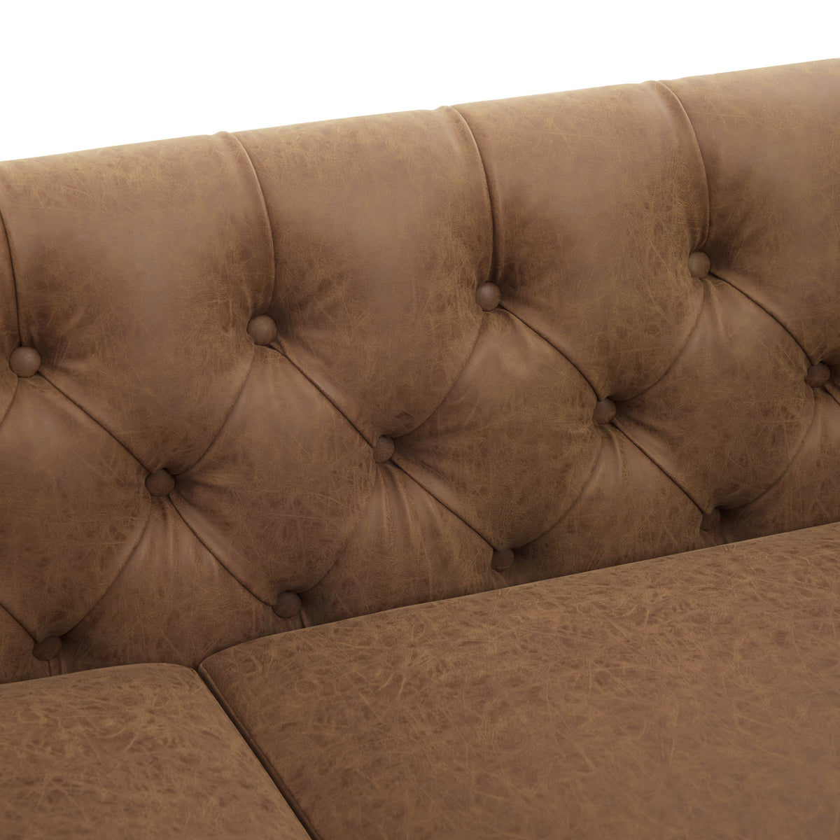 73.5'' Chesterfield Sofa PU Upholstered Couch with Flared Arms, Tufted Back & Natural Rubberwood Legs Multi Cushion Seat Sofa for Living Room and Home Lounge, Brown