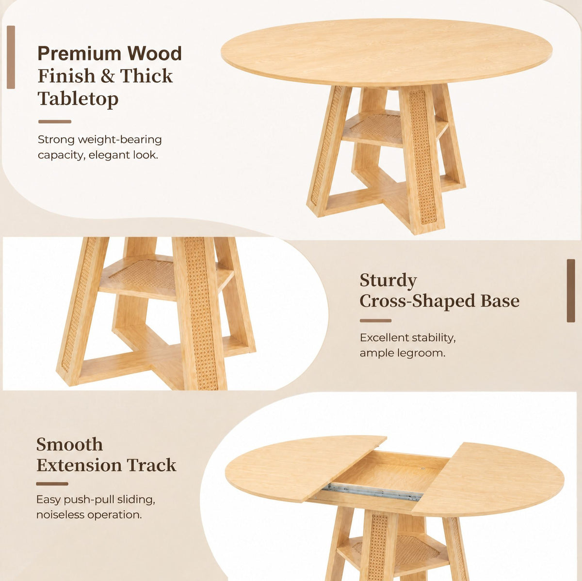 43.3'-59.05' Extendable Round Dining Table for 4-6, Round-to-Oval Kitchen Table with Removable Extension Leaf, Cross-Shaped Base and Storage Shelf, Natural