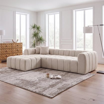 111.3" Camel Tufted Bubble Modular Sectional Sofa, Vacuum Compressed Foam L Shape Cloud Couch, Boucle Teddy Fabric Plush Corner Sofa with Pillows, Boneless Compression Sofa for Living Room.