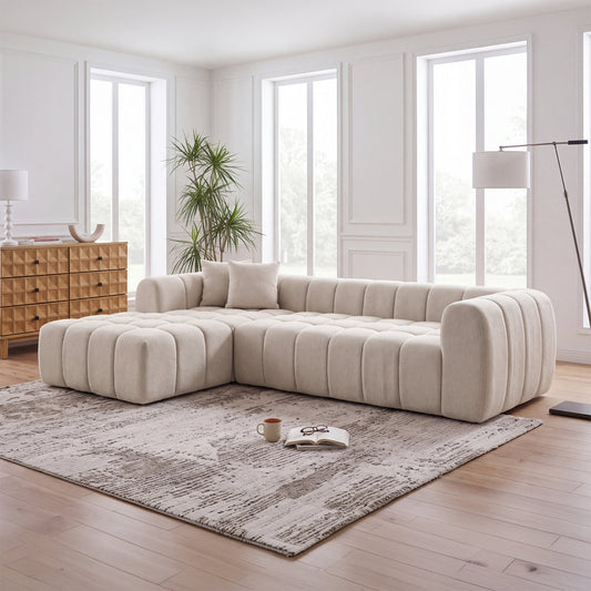 111.3" Camel Tufted Bubble Modular Sectional Sofa, Vacuum Compressed Foam L Shape Cloud Couch, Boucle Teddy Fabric Plush Corner Sofa with Pillows, Boneless Compression Sofa for Living Room.