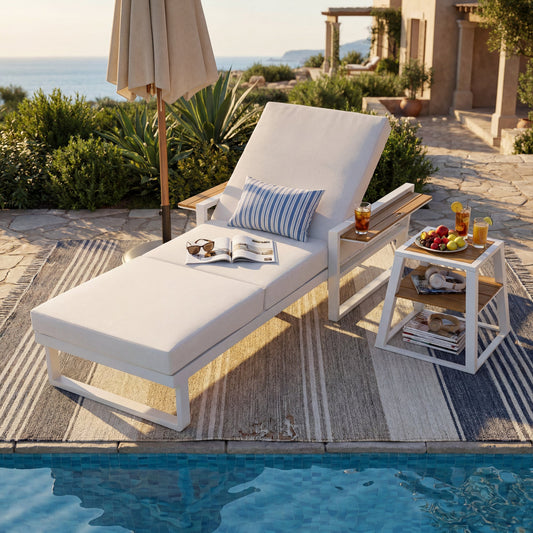 White Iron & Teak Finish Chaise Lounge Set: 1 Frame + 1 3-Fold Cream Cushion, 400 lbs Capacity, 4-Position Adjustable Backrest, 4" Thick Water-Resistant Cushion for Patio Poolside Backyard