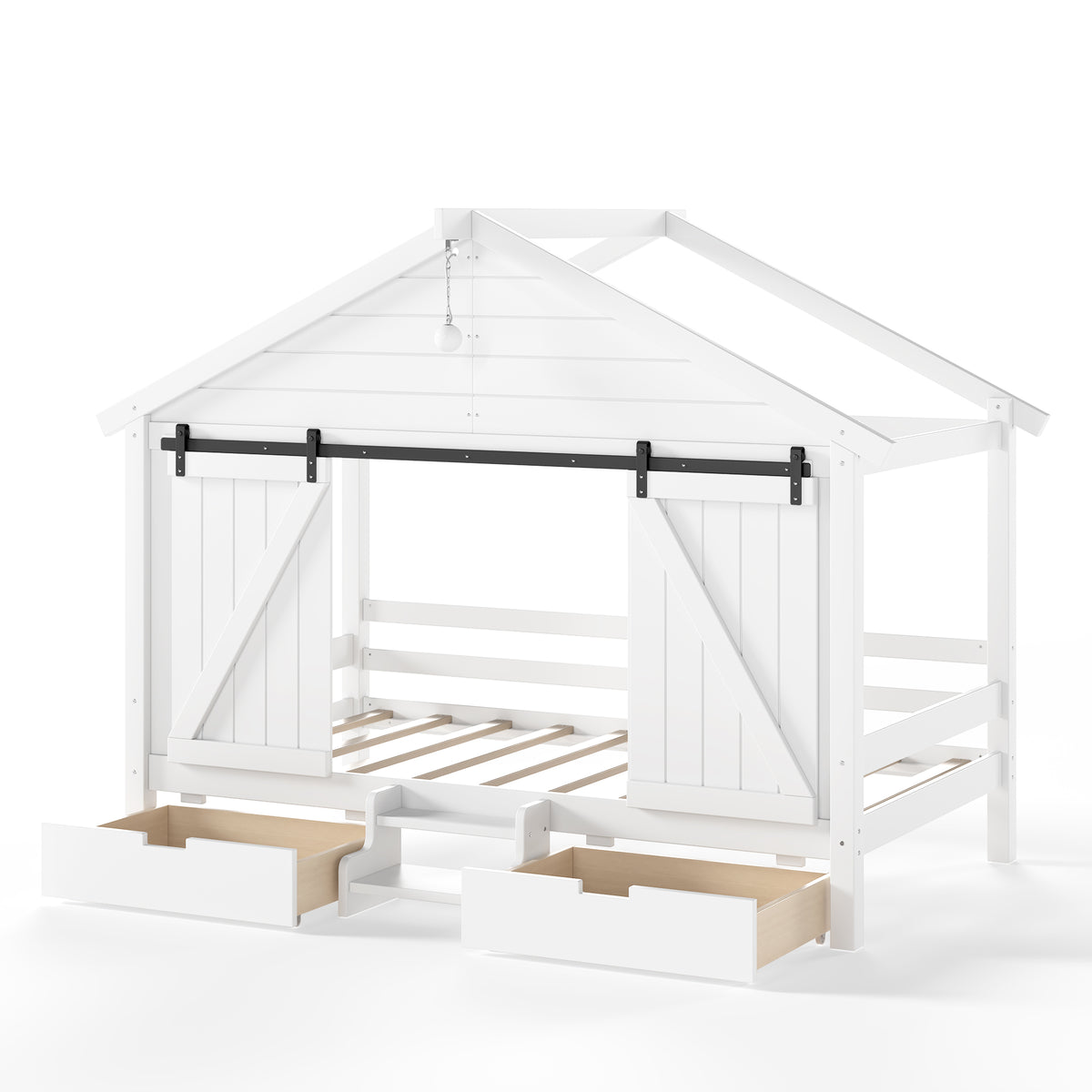 Twin Size Farmhouse Bed with Sliding Barn Door and Light Bulb, Wood house Bed Frame with Stair and Drawers, White