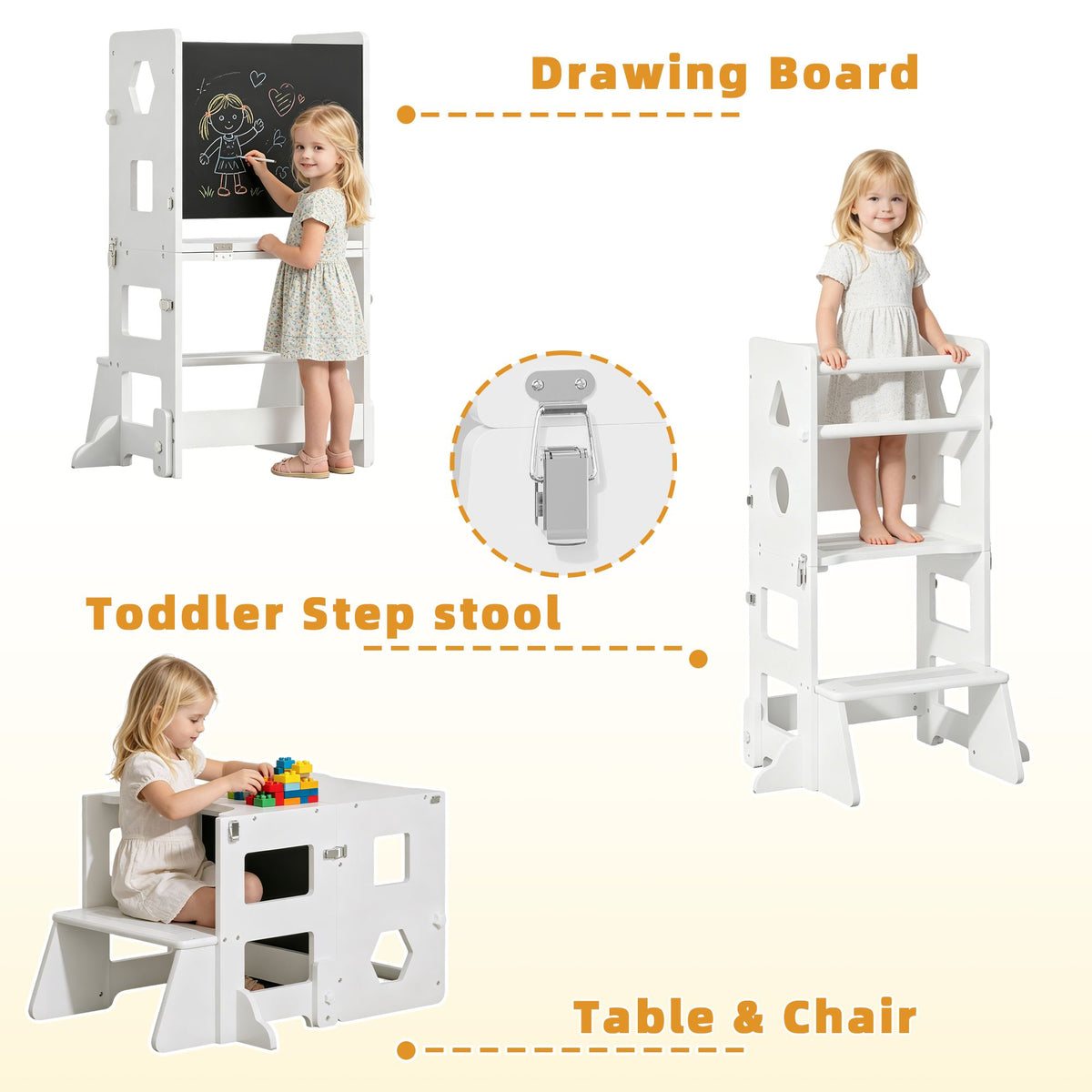 4-in-1 Toddler Kitchen Step Stool,Foldable Learning Standing Tower with Blackboard, Wooden Kitchen Stool Helper for Kids, 1-3 Year Old Boy Girl Gifts(White)