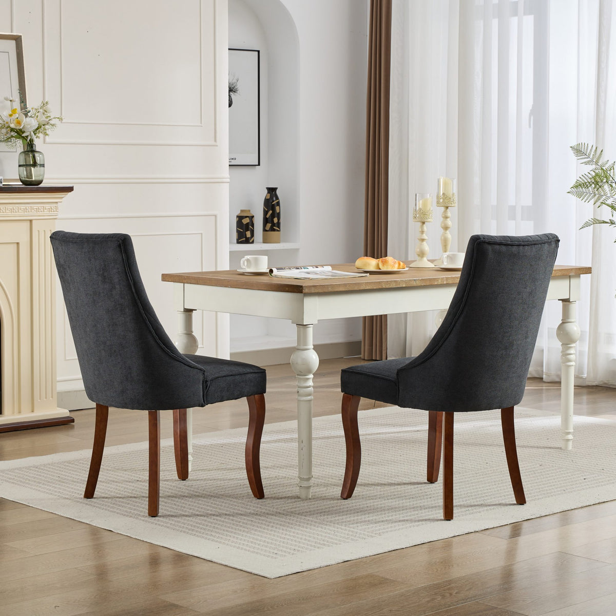 Rayon Cloth Flocking Linen Dining Chairs Channel Kitchen Dinner Chair Comfy Fabric Upholstered Accent Chair for Dining Room with Curved - Black