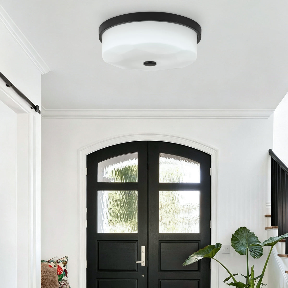 Wavy White Shade LED Flush Mount Ceiling Light 12.2 Inch, Dimmable with Remote Control, Black Rim Indoor Lamp for Entry Kitchen Bedroom