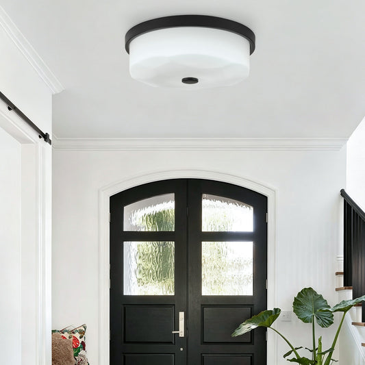 Wavy White Shade LED Flush Mount Ceiling Light 12.2 Inch, Dimmable with Remote Control, Black Rim Indoor Lamp for Entry Kitchen Bedroom