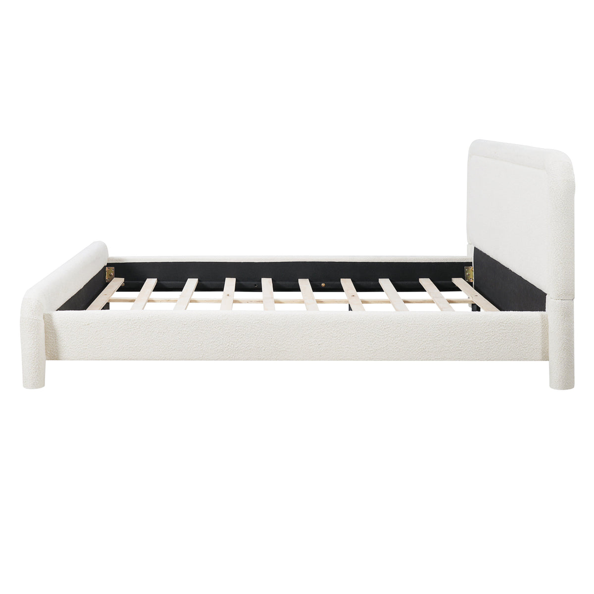 Modern White Boucle Upholstered King Size Platform Bed Frame with Curved Headboard, Wood Slats Support, No Box Spring Needed, Easy Assembly