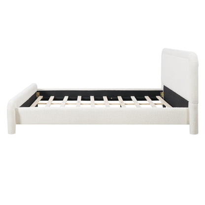 Modern White Boucle Upholstered King Size Platform Bed Frame with Curved Headboard, Wood Slats Support, No Box Spring Needed, Easy Assembly