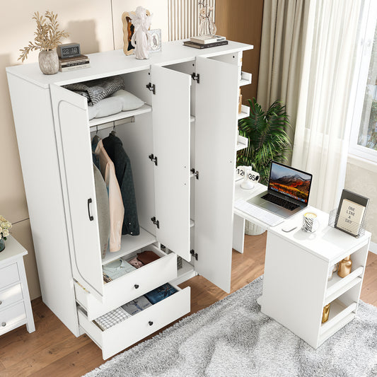 Multifunctional Wardrobe with 2 Doors and Hanging Rod, Wooden clothes closet with Convertible Desk and Storage Drawers, Multi-storage Spaces, for Bedroom, Cloak Room, Laundry, White