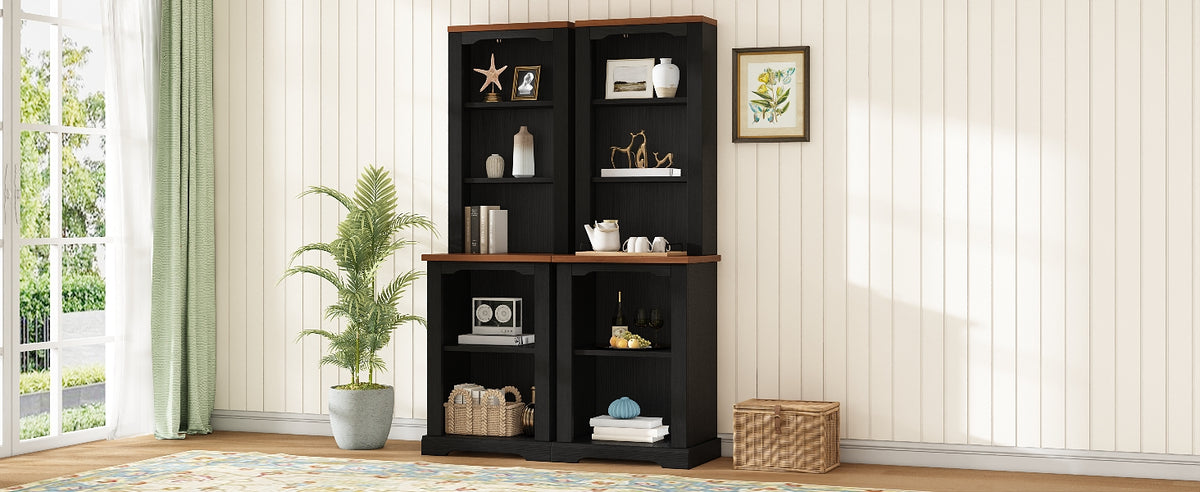 ON-TREND Two-Piece Elegant Freestanding Tall Cabinet with Fully Open Storage, Walnut Element Bookshelves with Curved Design