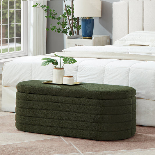 Modern Oval Storage Ottoman Bench, Upholstered Boucle Teddy Fabric End of Bed Bench with Storage, End of Bed Stool with Safety Hinge