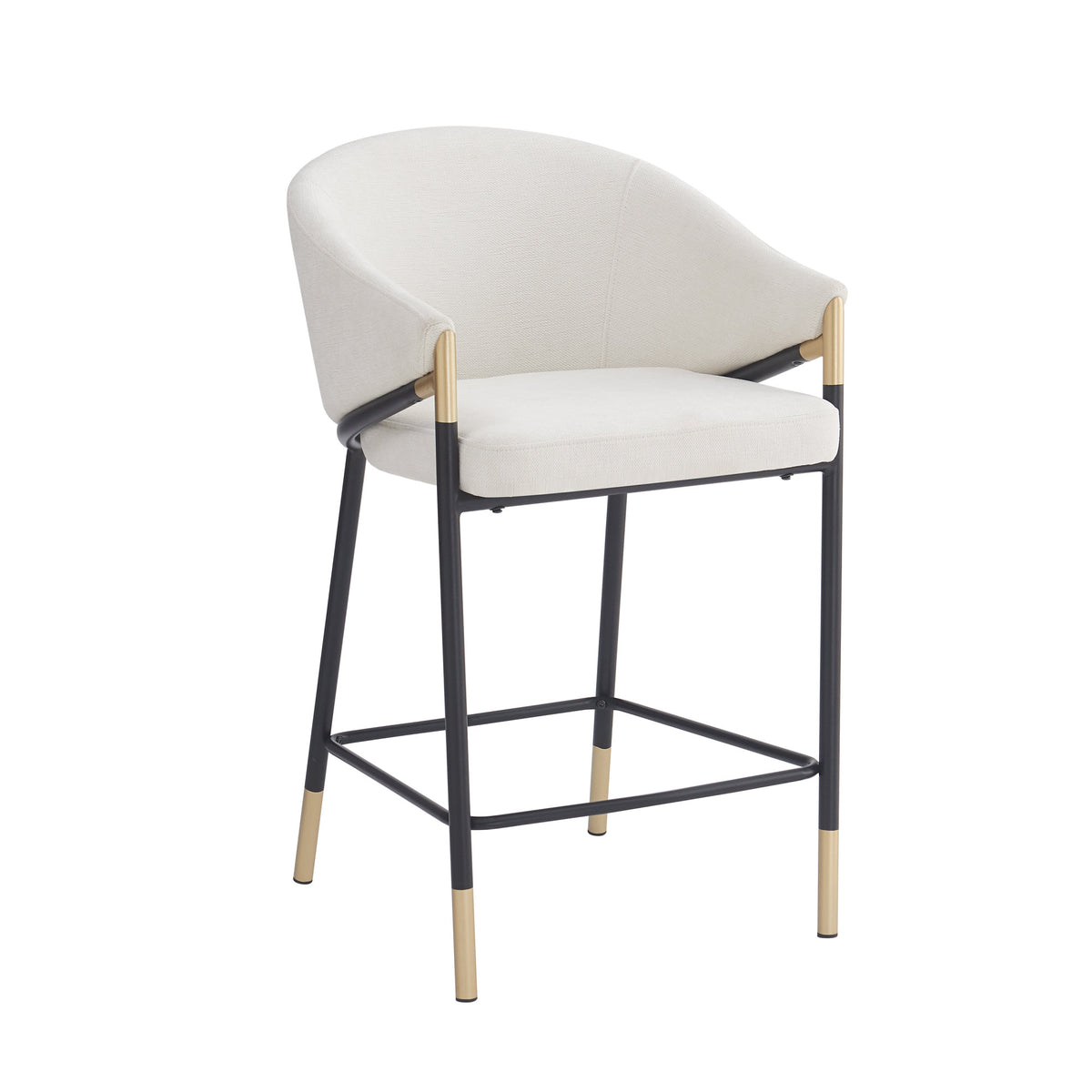 26" Seat Height, Modern Counter Stool with Curved Armrests & Gold Accents - Soft Beige Fabric, Black Metal Frame, Set of 2