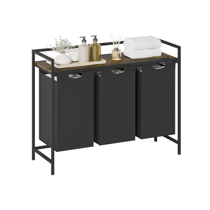 Laundry Hamper with Shelf, 3-Bin Laundry Sorter with Wood Top, Double Hamper with Removable Fabric Bags, Metal Frame, Freestanding Clothes Organizer for Bedroom, Bathroom, or Laundry Room