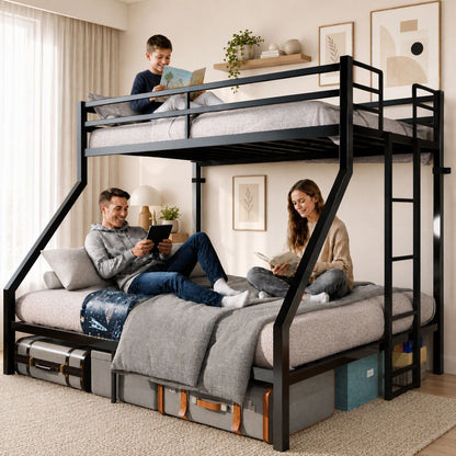 Heavy Duty Twin Over Queen Bunk Bed, Sturdy Metal Bunk Bed Frame with Flat Ladder & Full-Length Guardrail, 1000 lbs Capacity, Noise-Free, Easy Assembly, Space-Saving Industrial Bunk Beds , Black