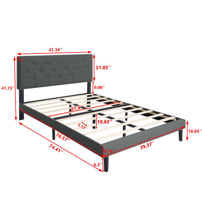 Twin Size Upholstered Platform Bed Frame with Modern Button Tufted Linen Fabric Headboard, No Box Spring Needed, Wood Slat Support