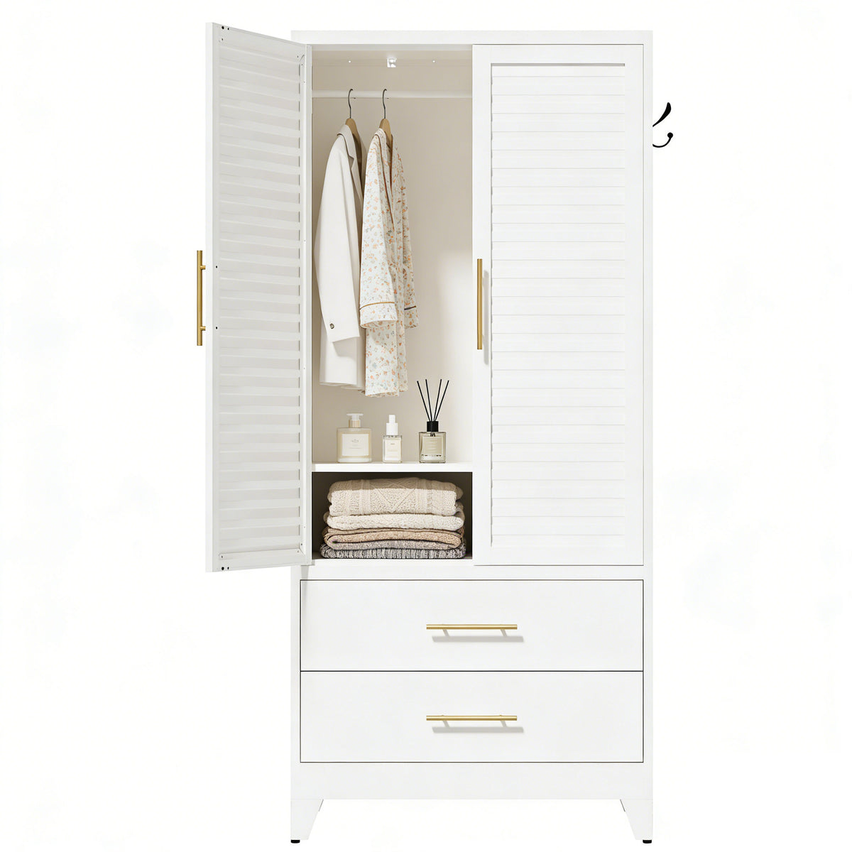 White Metal Wardrobe Closet with 2 Doors and Drawers, 71″ Tall Storage Cabinet, Lightweight Portable Closet for Small Apartments, Renters