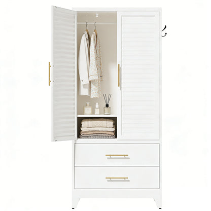 White Metal Wardrobe Closet with 2 Doors and Drawers, 71″ Tall Storage Cabinet, Lightweight Portable Closet for Small Apartments, Renters