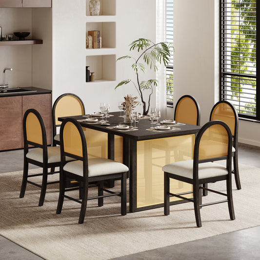 TREXM 7-Piece Farmhouse Dining Table Set for 6 - 59.8" Rectangular Dining Table with Distressed Oak Veneer and 6 Rattan Chairs
